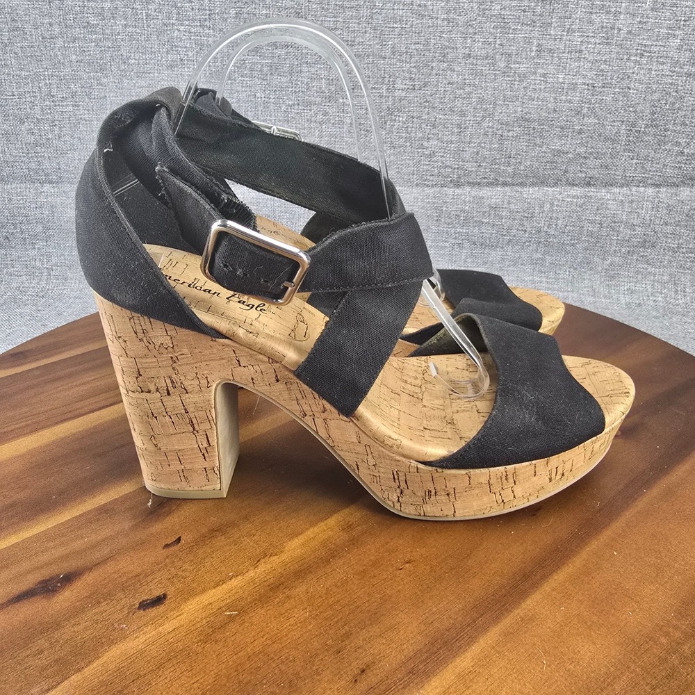 American Eagle Black Canvas Cork Platform Heel‎ Buckle Ankle Strap Sandals Sz 11